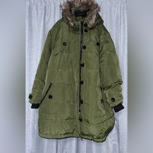 Woman Within Olive Puffer Coat with Faux Fur Hood 34